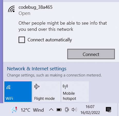 Scan for WiFi networks and select CodeBug