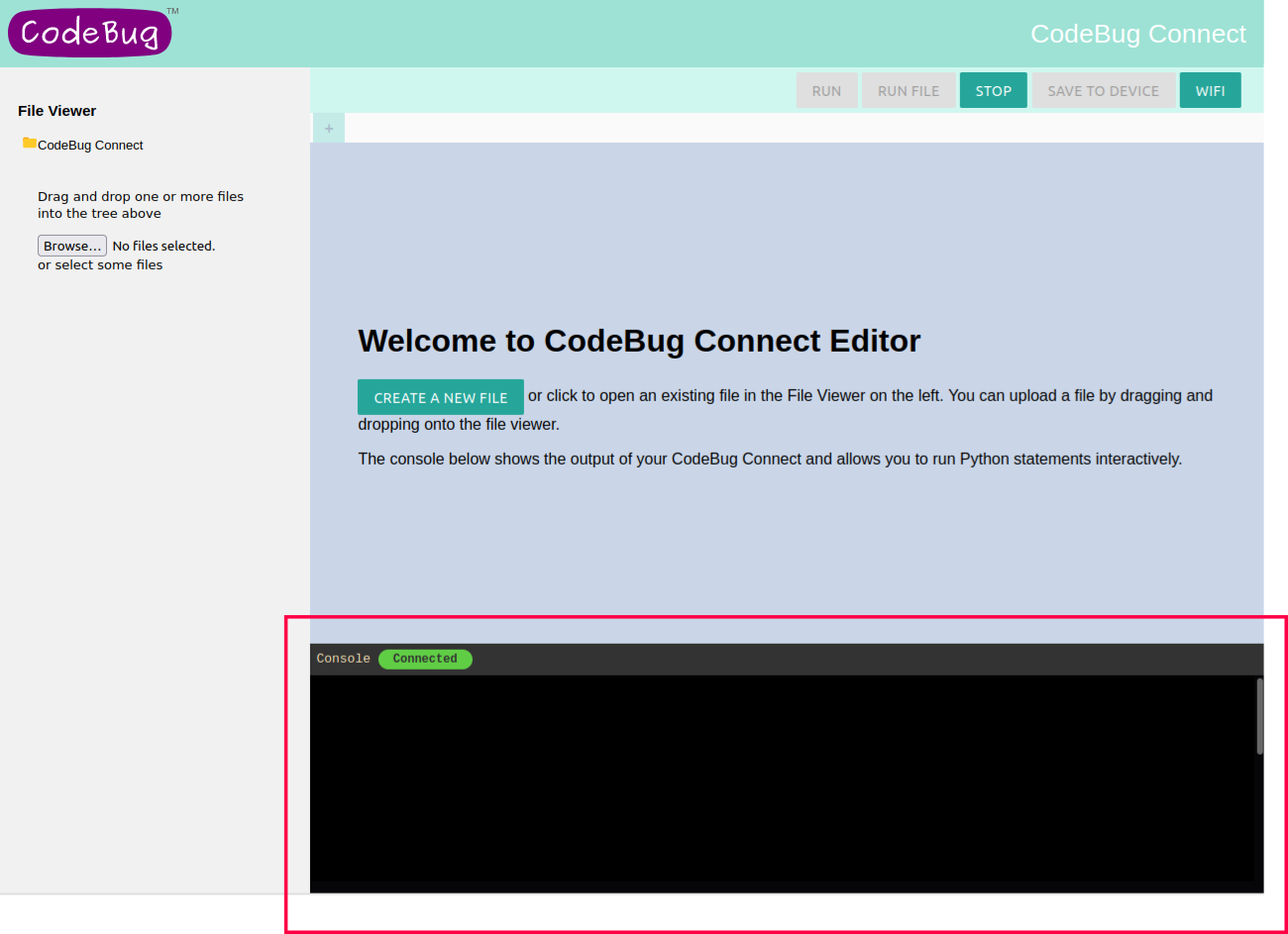 Terminal in CodeBug Connect web IDE