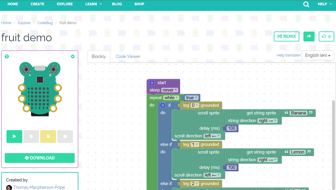 CodeBug Example Project Screen